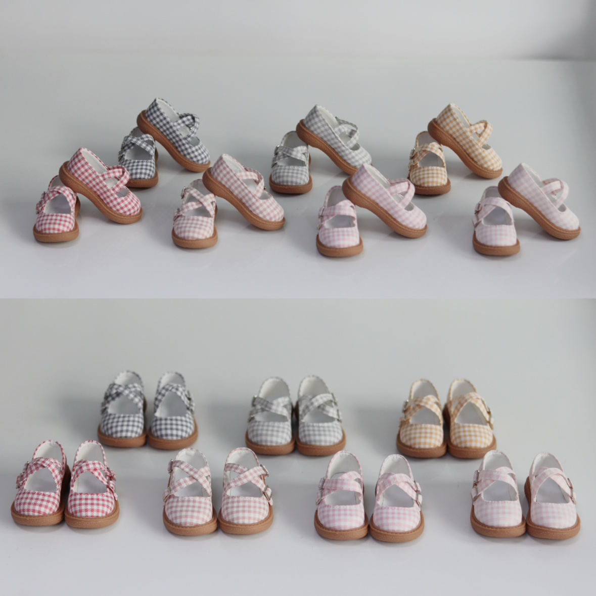 BJD娃鞋 4分6分熊妹  圆头浅口格子小皮鞋  软底