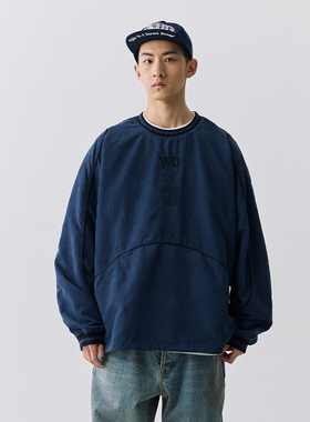 YKHD冬季新款 藏青色潮牌拼接刺绣宽松抽绳防风美式慵懒 卫衣男