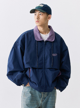 YKHD 90s撞色假两件双层领蝙蝠袖宽松廓形复古防风工装夹克外套男