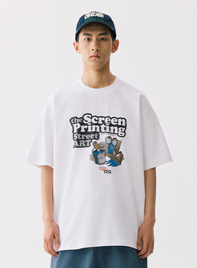 YKHD 街头艺术原创美式卡通设计落肩休闲百搭宽松半袖短袖T恤男潮