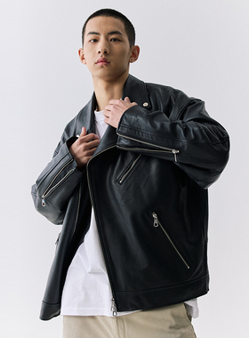 YKHD 稀有限定 新西兰进口羊皮美式复古机车斜拉链宽松皮衣外套男