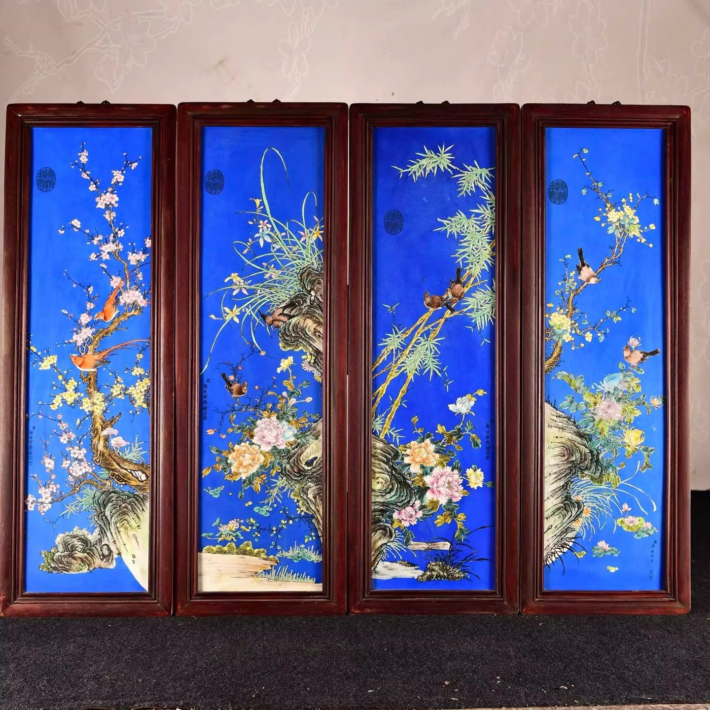 古玩杂项旧藏老瓷板画红木雕梅花瓷板画挂画客厅装饰品送礼佳品