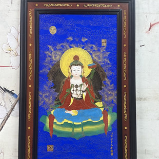 古玩杂项旧藏木框文殊菩萨瓷板画像挂画家居装饰品客厅玄关挂画