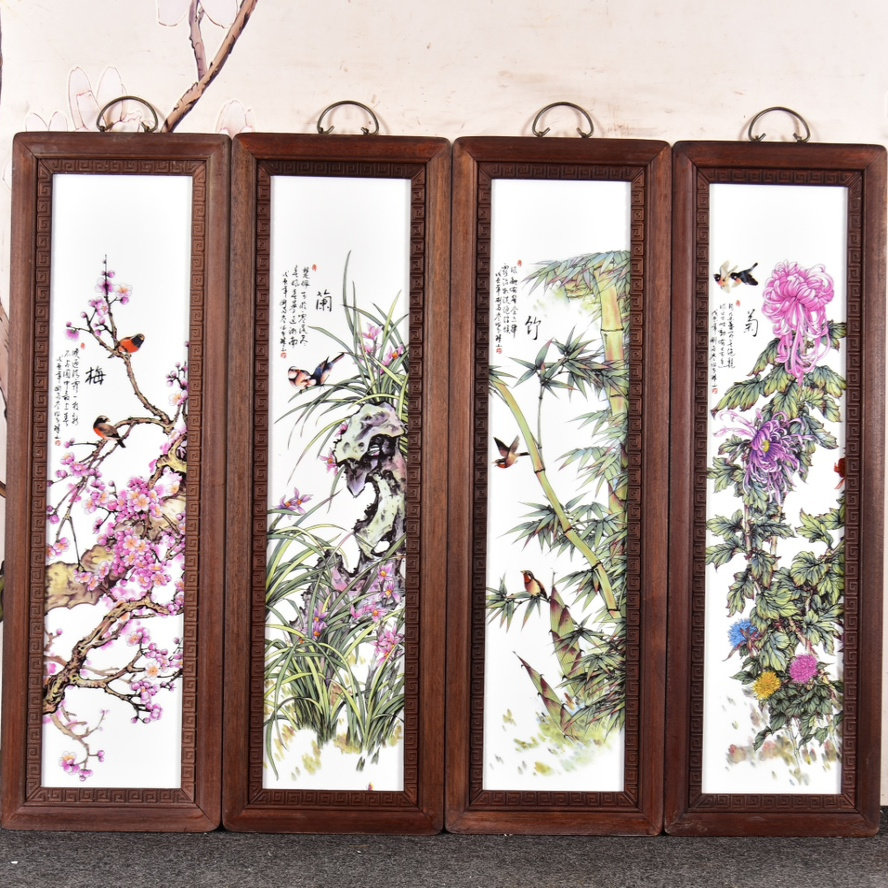 古玩花梨木镶珐琅彩春夏秋冬花鸟瓷板画装饰画挂墙中式书房挂画