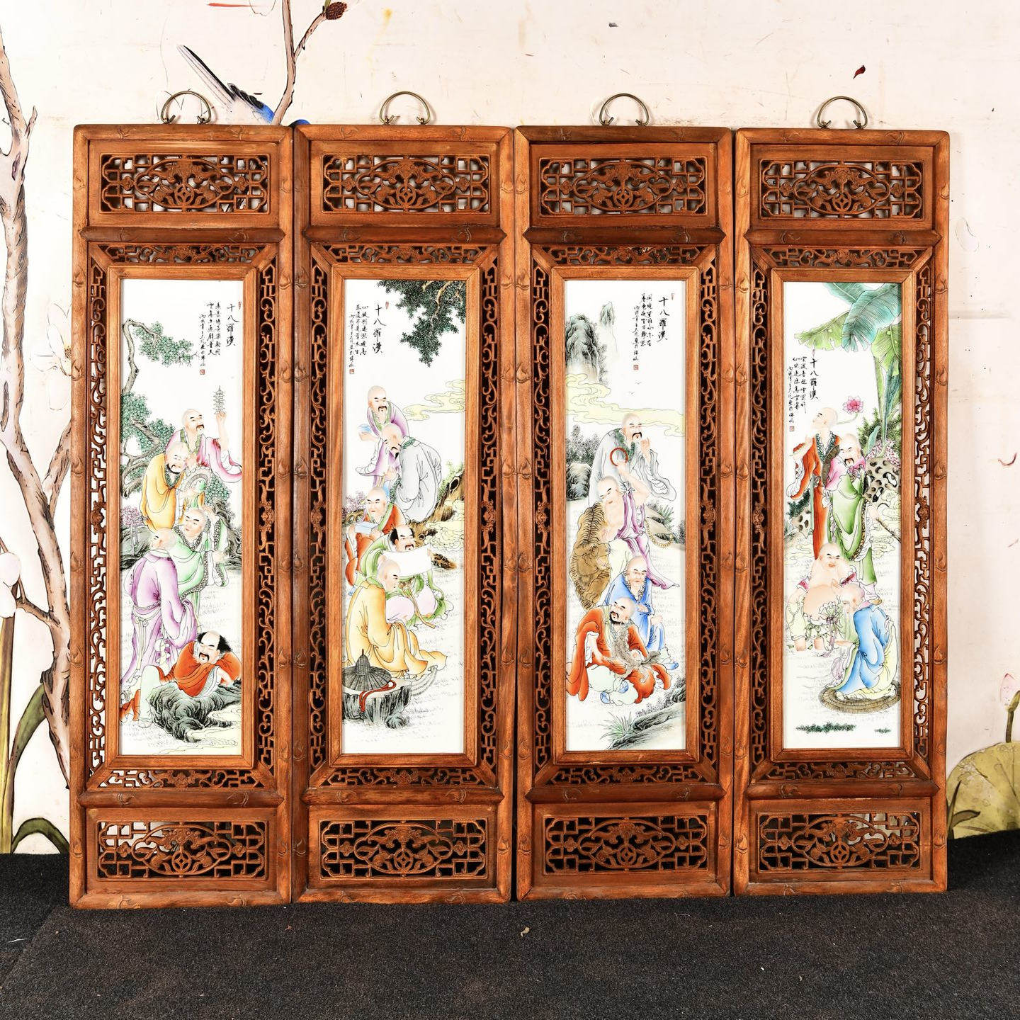 古玩杂项旧藏老紫檀木镶玉瓷板画八仙过海四条屏挂屏家居装饰收藏