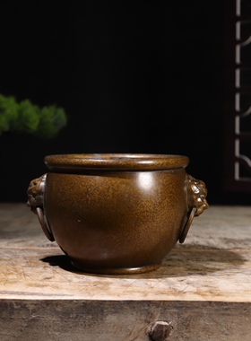 纯铜故宫缸摆件紫砂茶炉双狮耳香炉中式粗陶茶具摆件手工制作