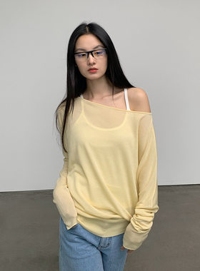 楠涛天丝棉醋酸轻薄针织罩衫女新款透视斜肩宽松一字领蝙蝠袖上衣