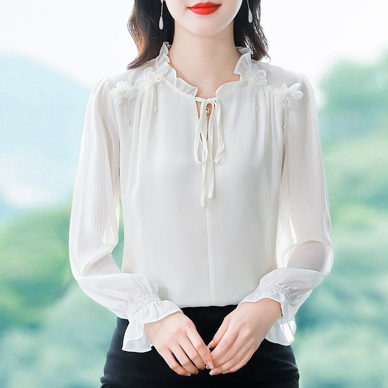 2023秋季新款气质西安花朵钉珠网纱拼接长袖雪纺衫上衣女