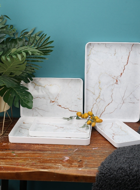 北欧轻奢长方形托盘密胺酒店客厅收纳盘家用杯盘仿大理石纹塑料盘