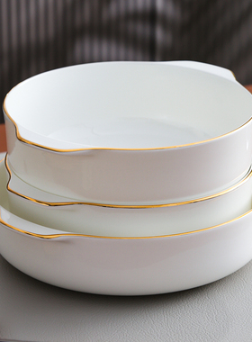 金边唐山骨瓷盘子碟子日式饭盘汤盘陶瓷手柄酒店餐具家用双耳汤碗