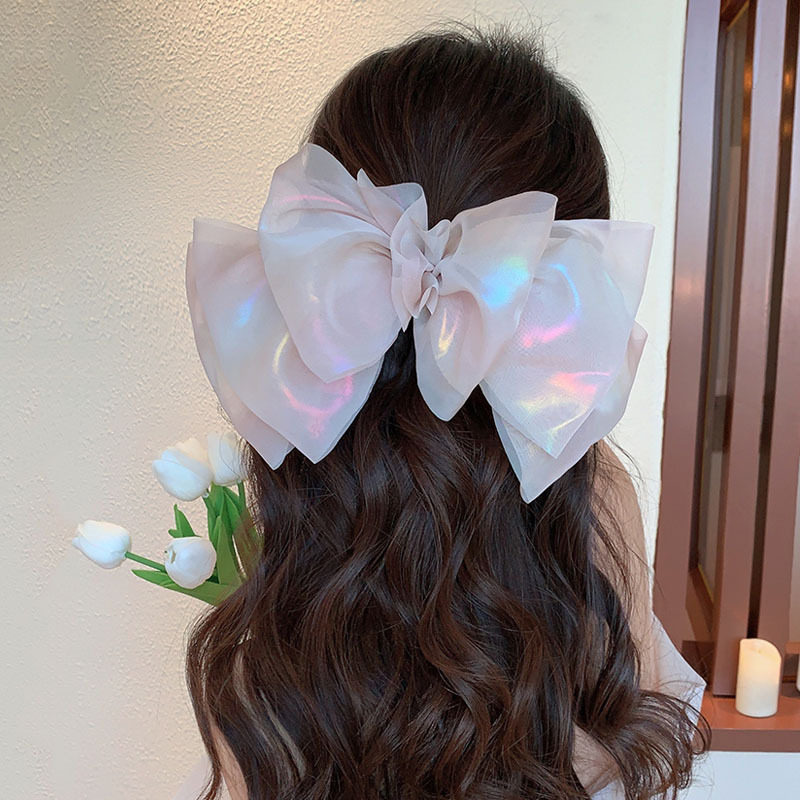人鱼公主~高级感网纱蝴蝶结后脑勺高颅顶2023年新款弹簧夹发夹子