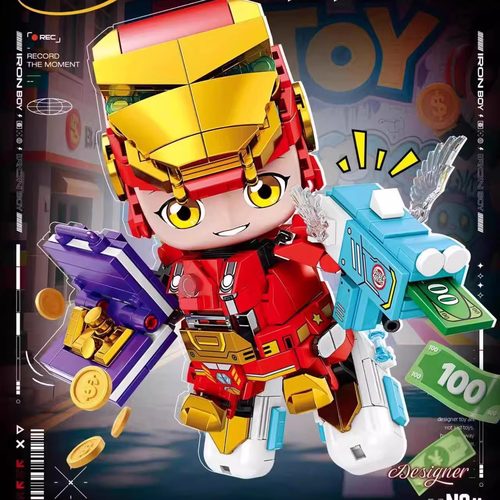 潮玩世代钢铁侠毒液积木队长玩具男孩拼搭大片机甲模型桌摆益智