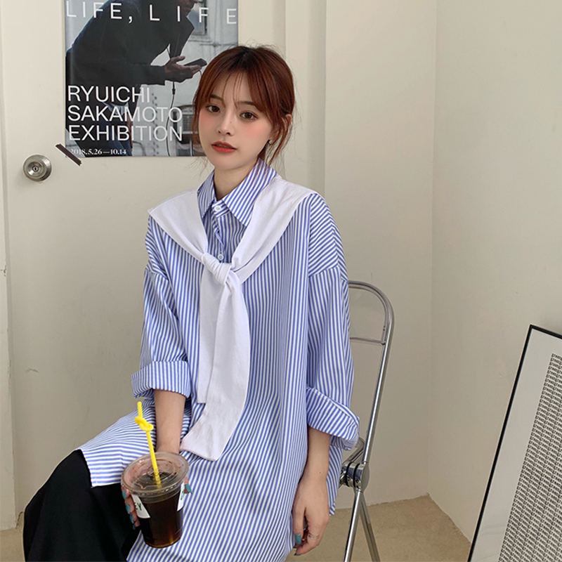 Striped shawl shirt women wear spring and autumn 2020 new versatile retro port chic top ins fashion