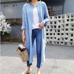 Blue and white striped shirt women's fashion early autumn 2020 new women's wear blue academy style medium length lining skirt BF