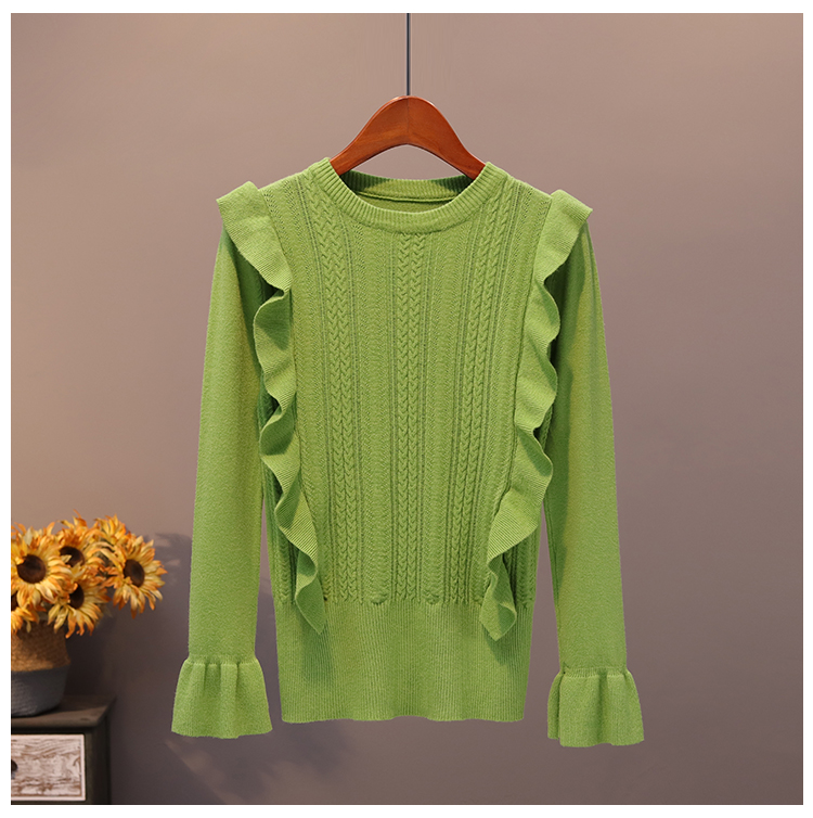 Real shooting autumn and winter women's top Korean pure color Ruffle Pullover Sweater slim and versatile long sleeve round neck sweater fashion