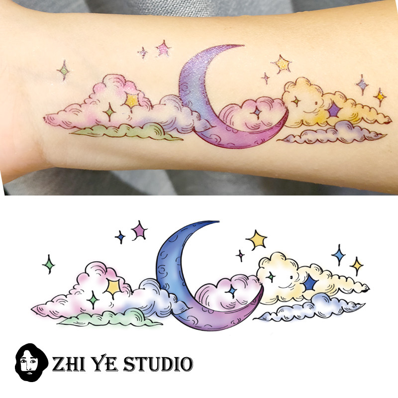 枝爷月行流云纹身贴月亮彩云云朵月牙锁骨星星可爱少女持久梦幻