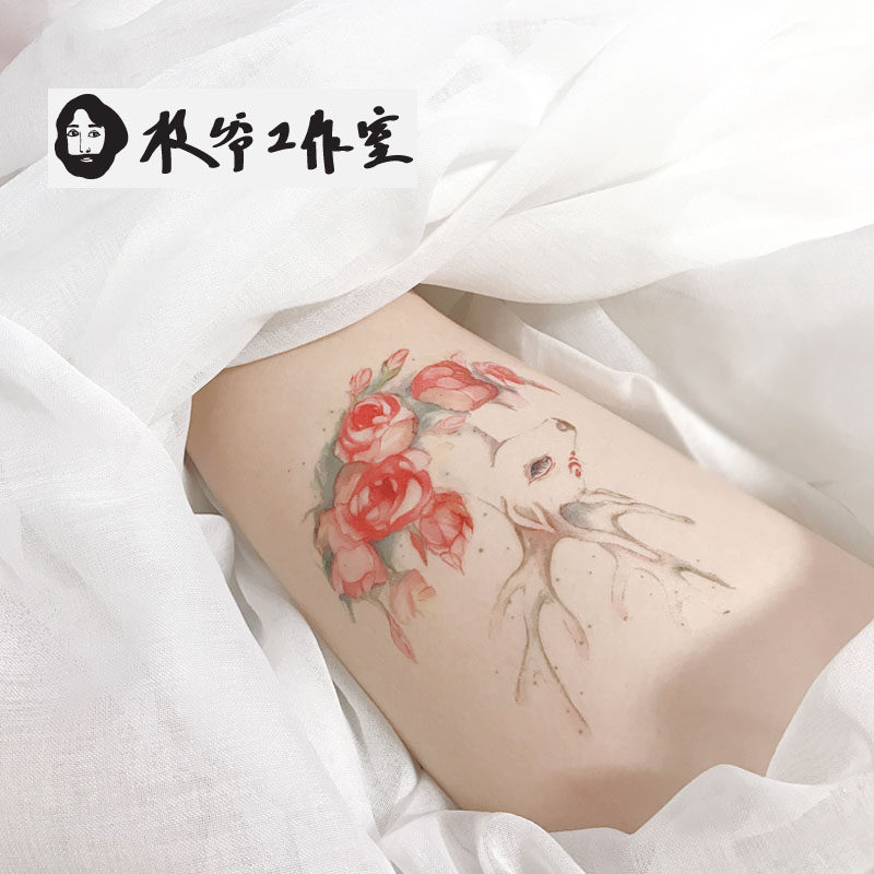 枝爷林深现鹿纹身贴国风淡彩手绘大花臂梅花鹿梅花鹿买一送一包邮