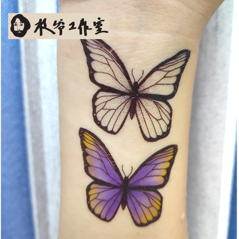 枝爷蓝色蝴蝶纹身贴海伦娜闪蝶黑白情侣雨蝶梦幻唯美防水持久锁骨