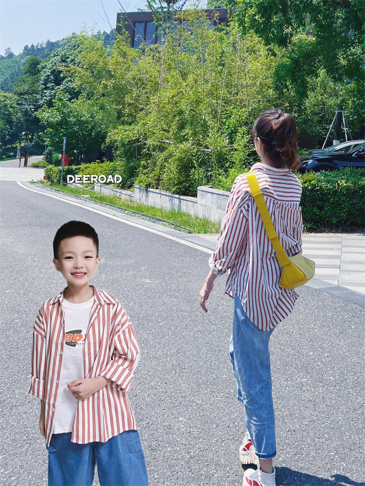 亲子装休闲条纹衬衫母子母女装港味宽松防晒衬衣外套秋季长袖上衣 童装/婴儿装/亲子装 亲子装/亲子时装 原图主图