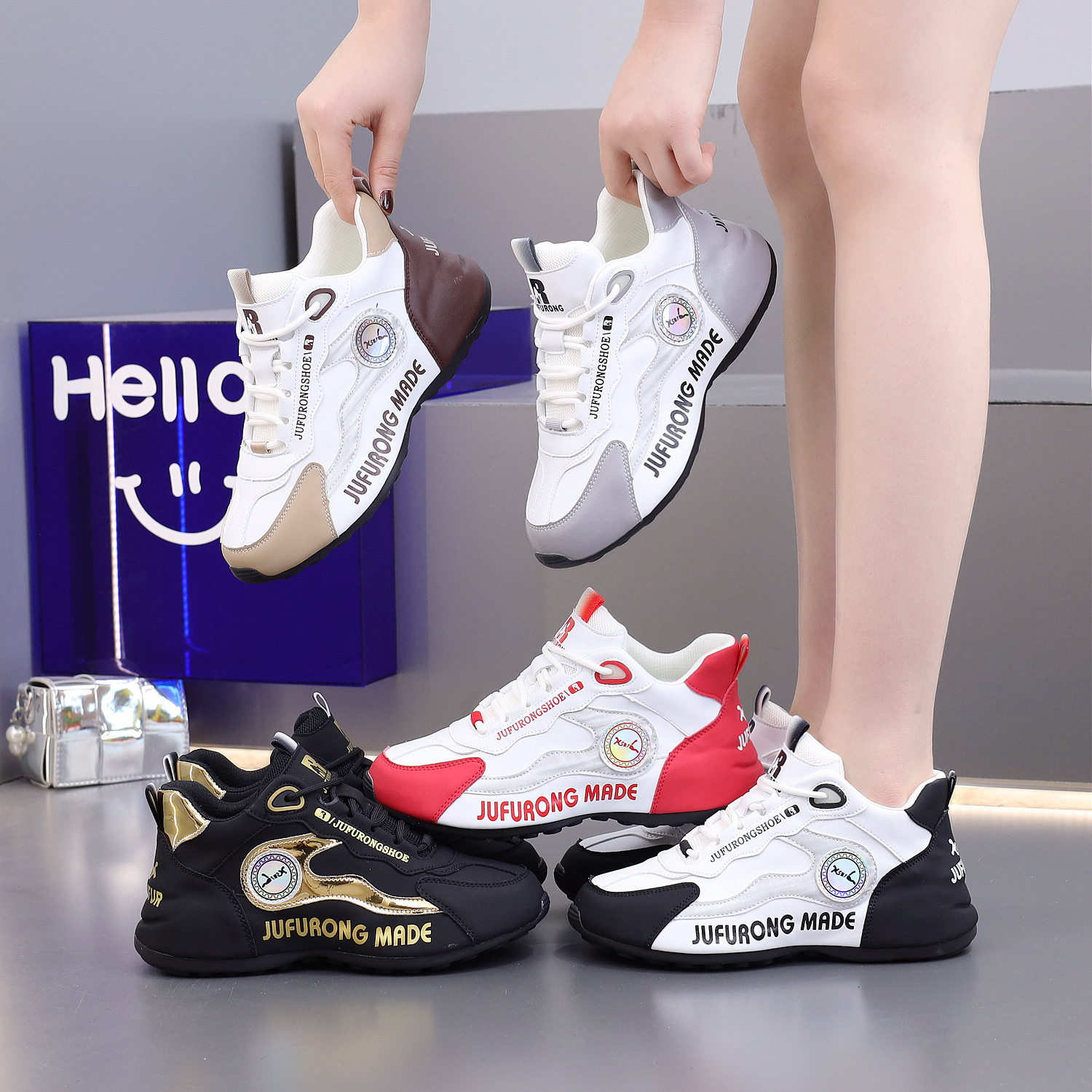 【包底鞋9825】新款皮蓬老爹鞋网面软底透气情侣款百搭鞋男女同款