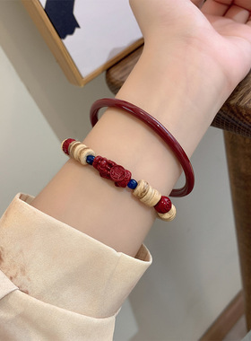 新中式椰壳朱砂色手镯套装小众设计百搭本命年女手饰手串一件