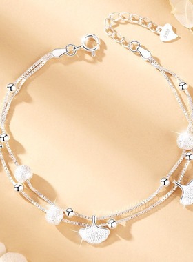 高质量999银三生有杏手链女士叶子双层流苏银杏叶脚链情人节礼物