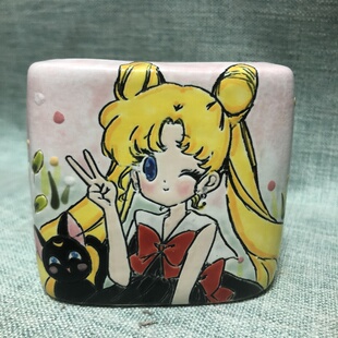 卡通美少女战士方形陶瓷花盆可爱动漫萝莉少女心手绘花盆