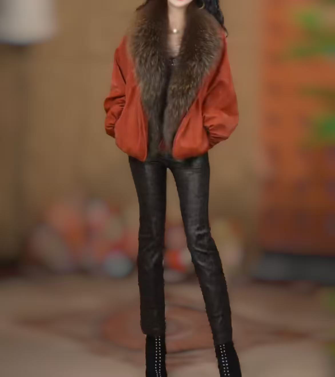 2025秋冬时尚色系拼接毛毛外套洋气百搭高贵外穿灰色底布豹纹裤子