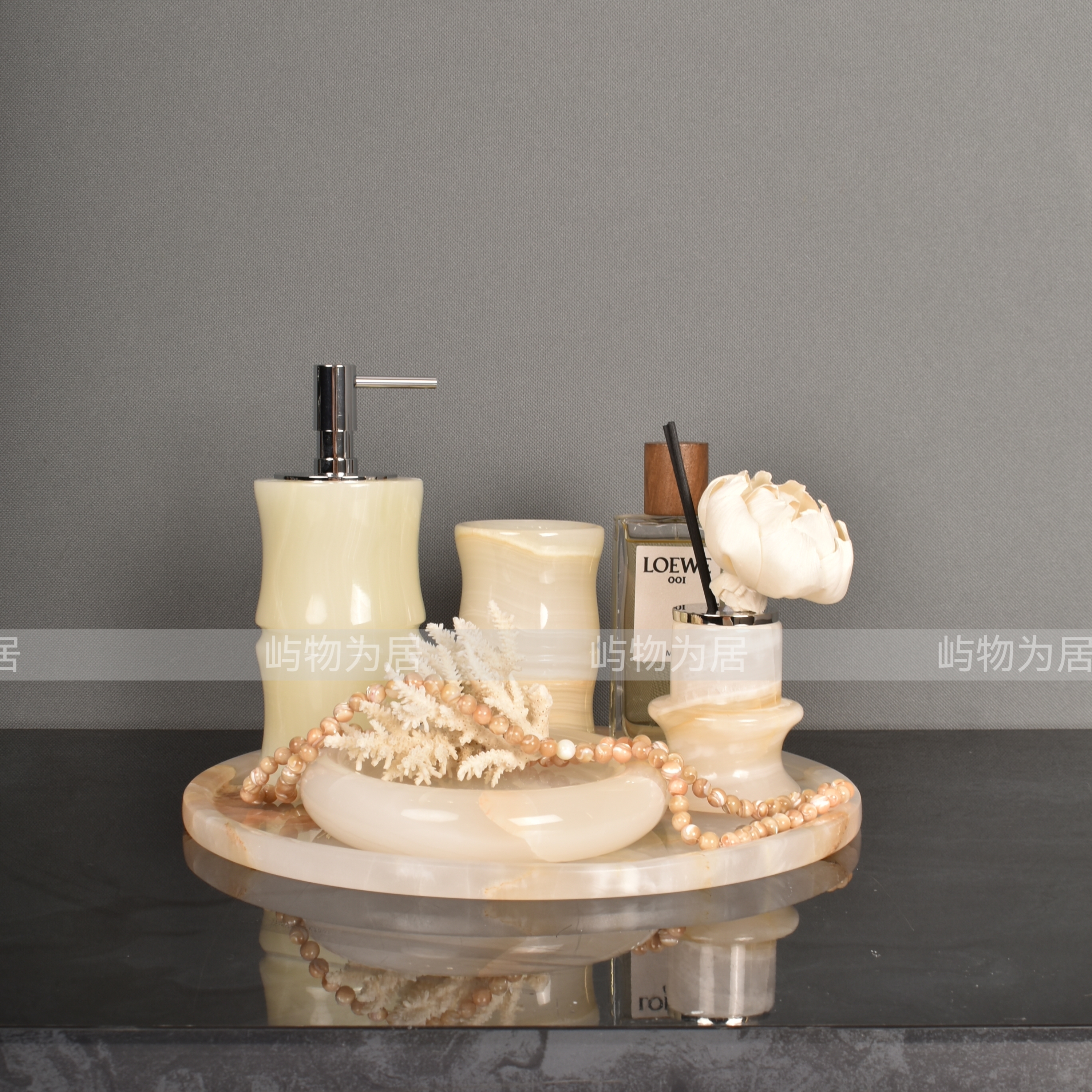 屿物为居 新中式样板间卫生间洗手液瓶玉石竹节托盘香薰摆件饰品