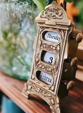 屿物为居 印度进口欧式复古黄铜日历台历摆件样板间书房桌面软装