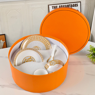 H家轻奢餐具套装礼盒装金边碗盘勺子水杯组合家用陶瓷餐具送礼品