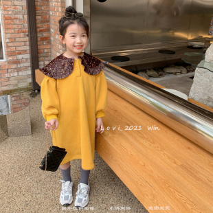 韩版儿童裙子冬季新女童洋气碎花咖色大翻领加厚加绒中长款连衣裙