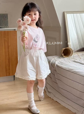 milaikoko米莱韩版童装25夏新款女童甜美短袖T恤木耳边白色短裤