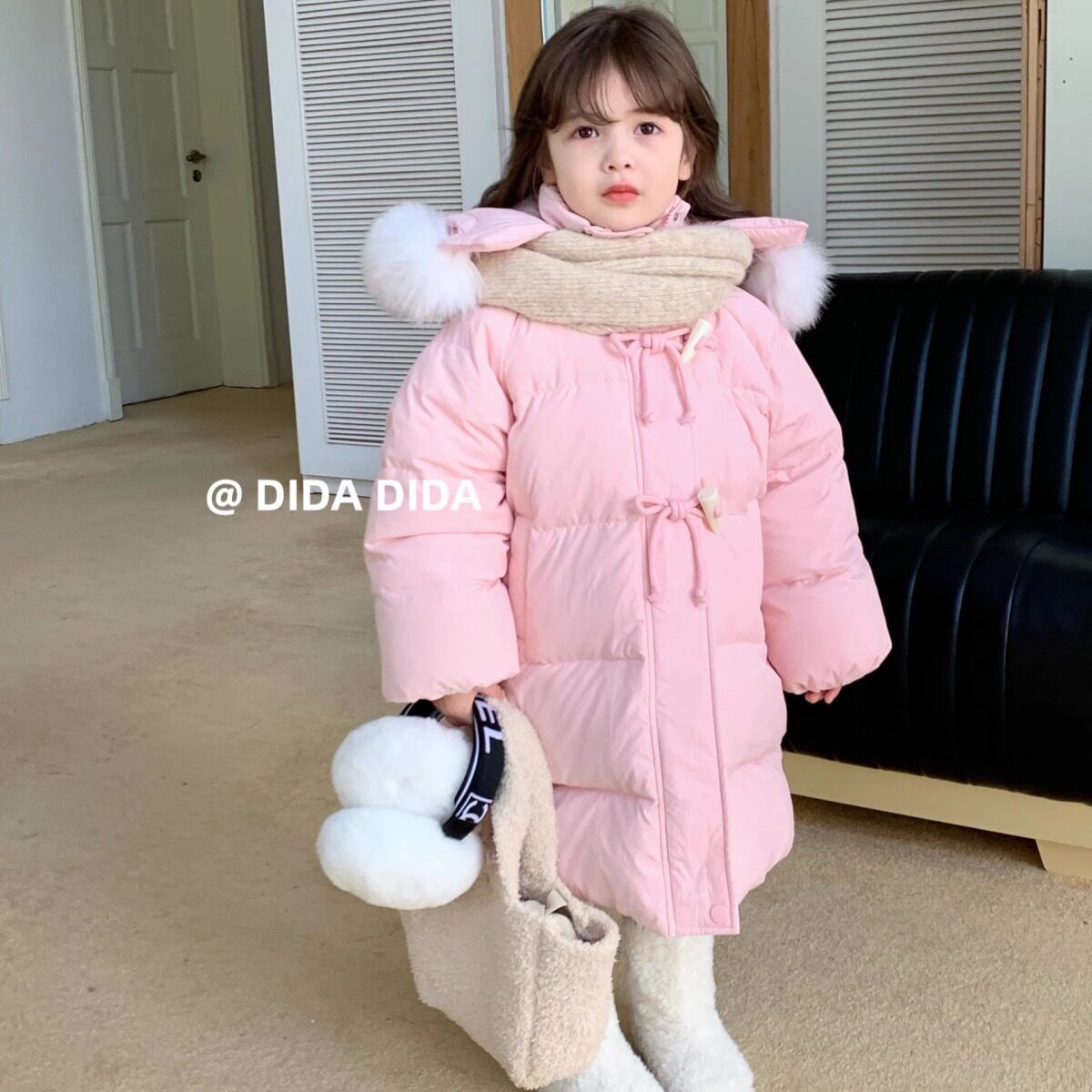 DIDA韩版儿童外套冬款女童洋气甜美粉色中长款连帽白鸭绒羽绒服