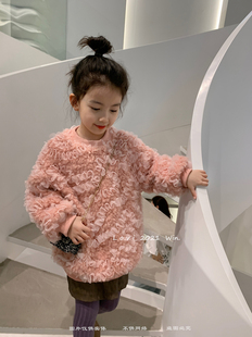 不退韩版儿童上衣冬季新款女童洋气加绒温柔宝宝粉色绣花卫衣