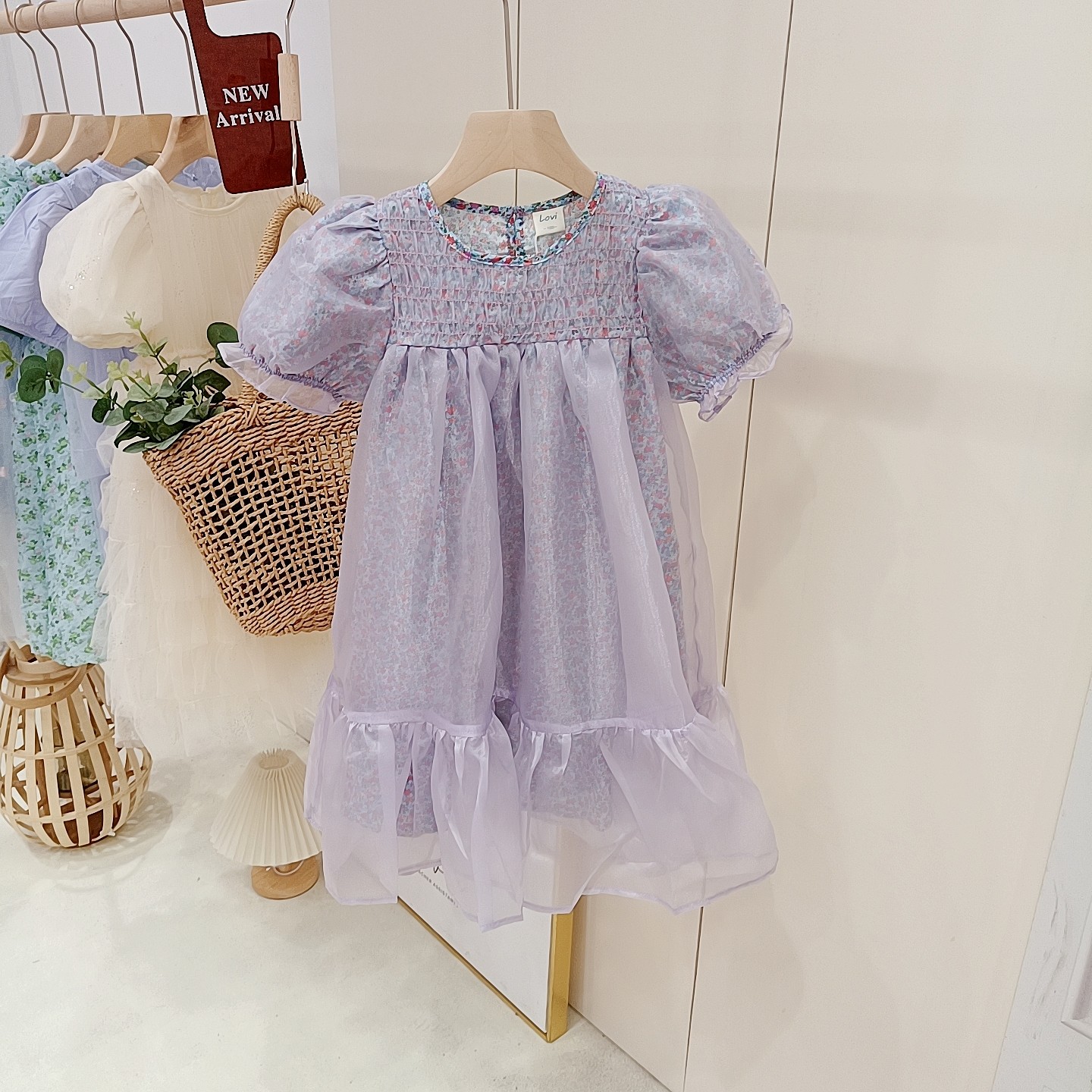 lovi韩版儿童裙子夏季新女童洋气宽松娃娃裙碎花纱裙泡泡袖连衣裙