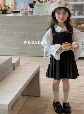 韩版儿童套装25春装新款女童洋气黑色百褶裙吊带裙连衣裙