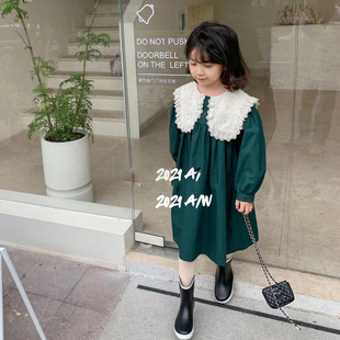 不退韩版儿童裙子秋冬新女童蕾丝大翻领中长款长袖连衣裙