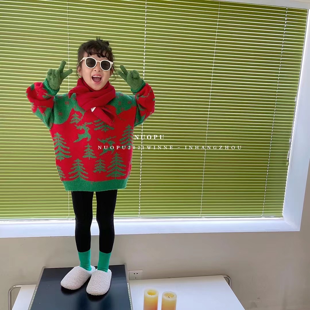 韩版儿童上衣冬季新款女童洋气圣诞雪花圣诞树麋鹿柔软红色毛衣