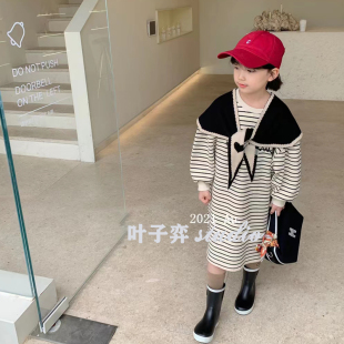韩版儿童裙子秋冬新款女童洋气宽松条纹中长款卫衣裙学院风连衣裙