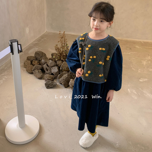 韩版儿童裙子冬季新女童加绒金丝绒长袖中长款连衣裙公主裙两件套