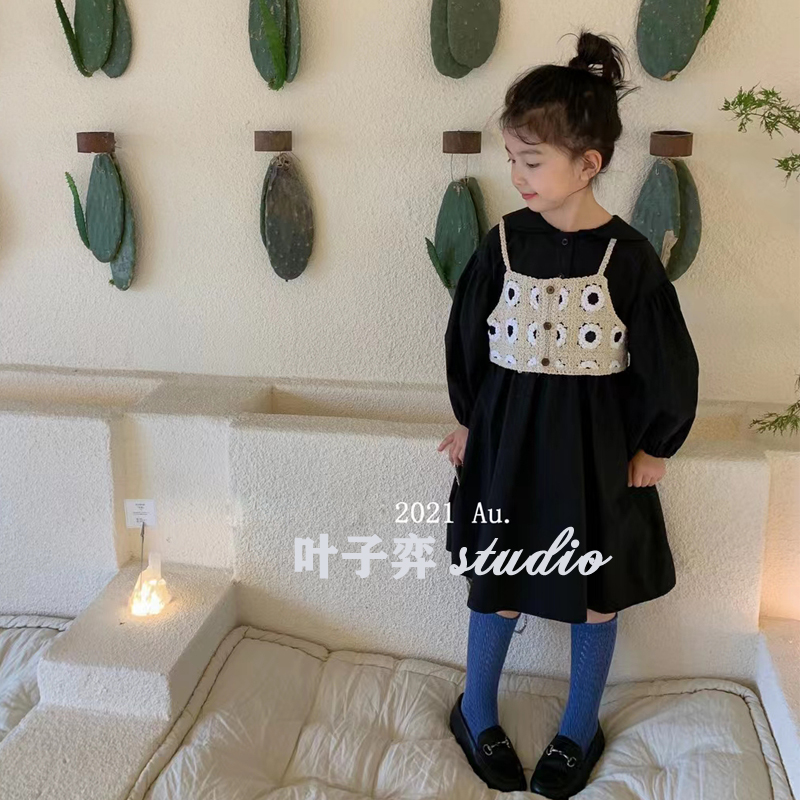 韩版儿童裙子秋冬新款女童洋气娃娃领蕾丝小马甲两件套黑色连衣裙