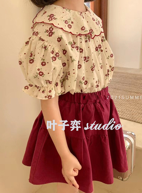 韩版儿童上衣夏季新女童满印小花翻领可爱宝宝纯棉上衣红色半身裙