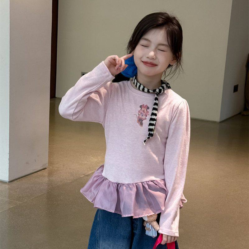 韩版儿童打底衫女童长袖衫25秋季新款网纱拼接卡通印花长袖T百搭