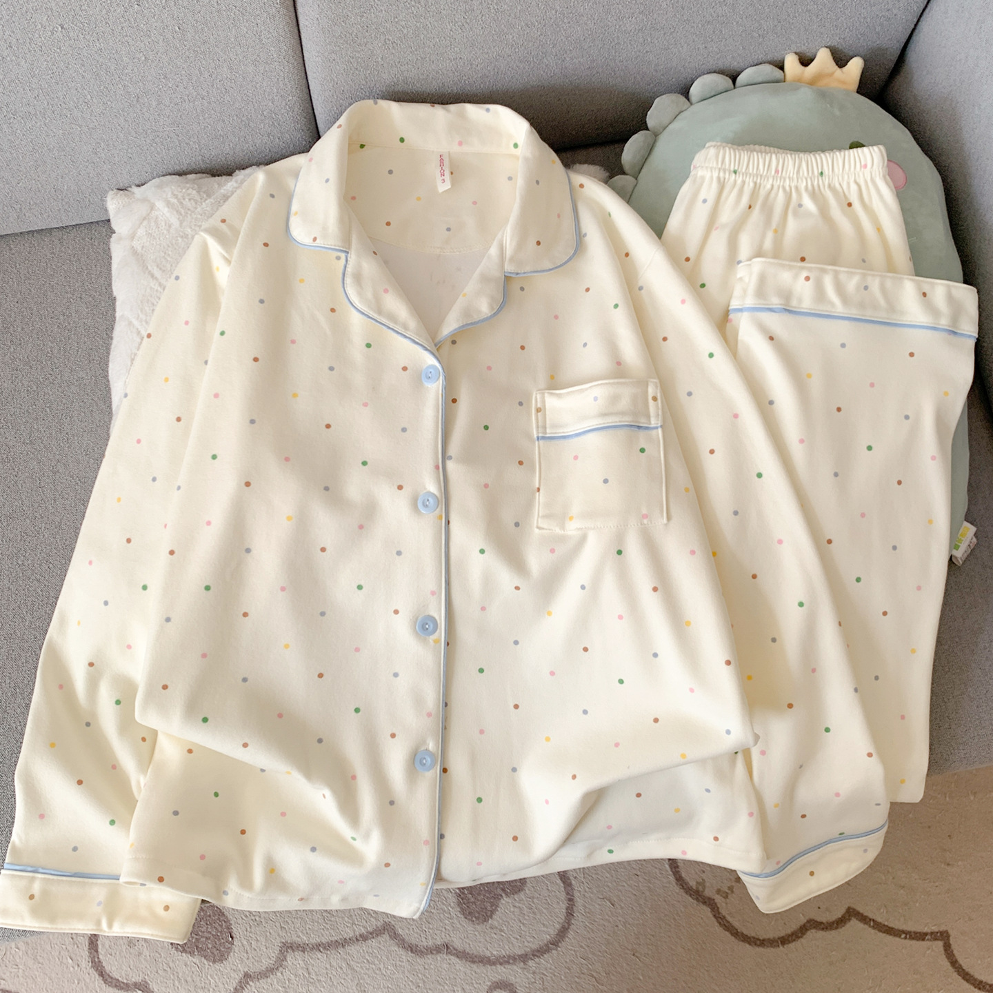 德绒睡衣女秋冬季珊瑚加绒加厚长袖长裤套装网红圆点家居服春秋款