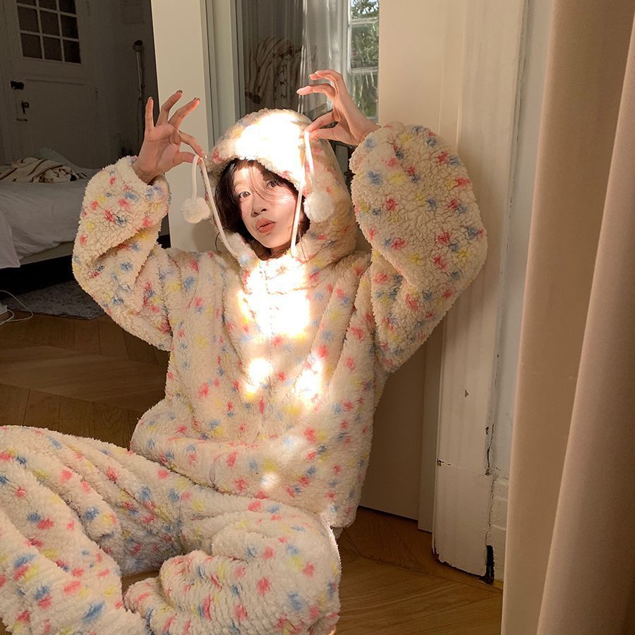 珊瑚绒睡衣女款秋冬季加绒加厚甜美彩色波点法兰绒连帽家居服套装