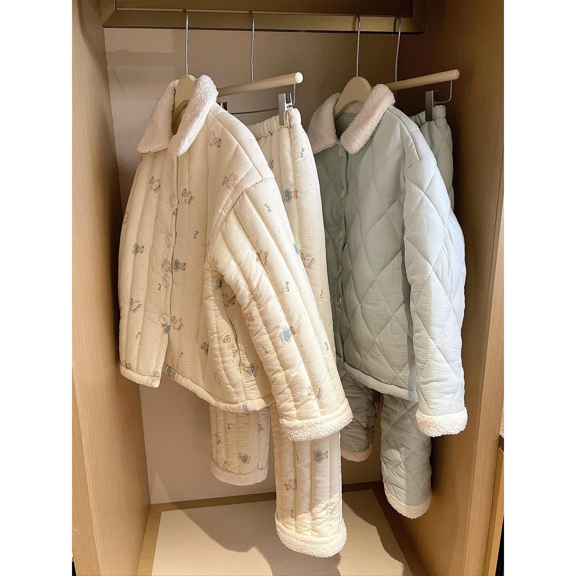 甜美可爱卡通夹棉睡衣女秋冬季新款加绒加厚保暖套装家居服可外穿