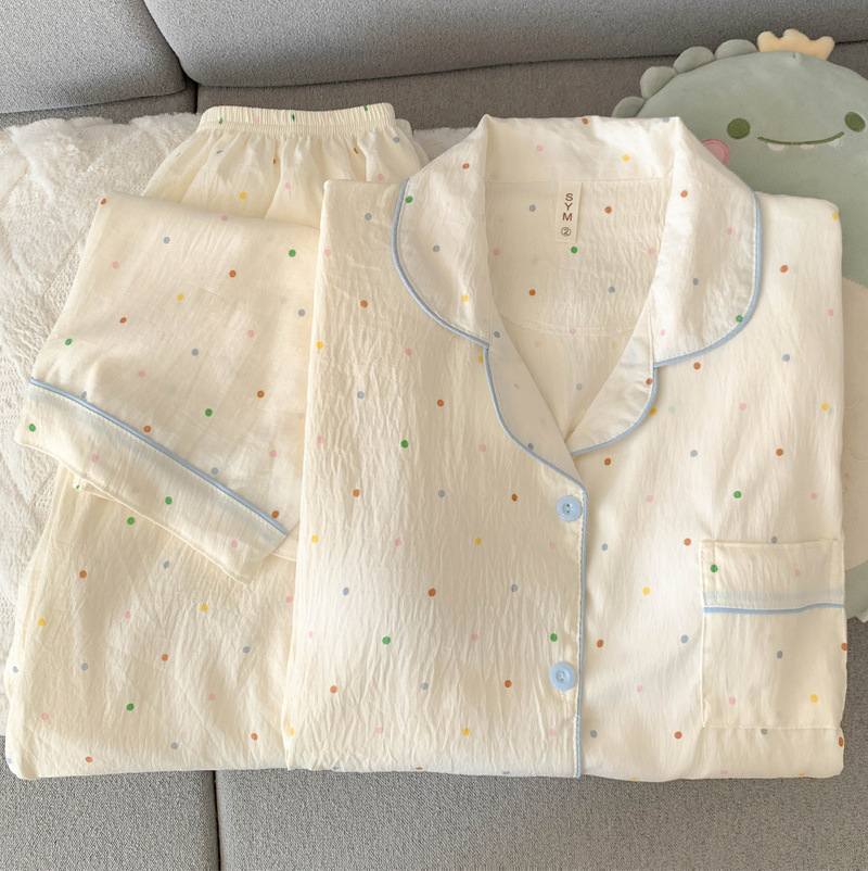 厂家现货大码睡衣女春秋季长袖小清新彩色波点家居服两件套可外