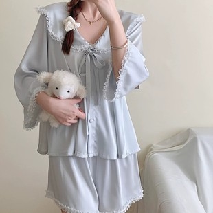 夏甜美风感家居服套装 新款 夏天蕾丝短袖 睡衣女夏季 冰雪丝薄款