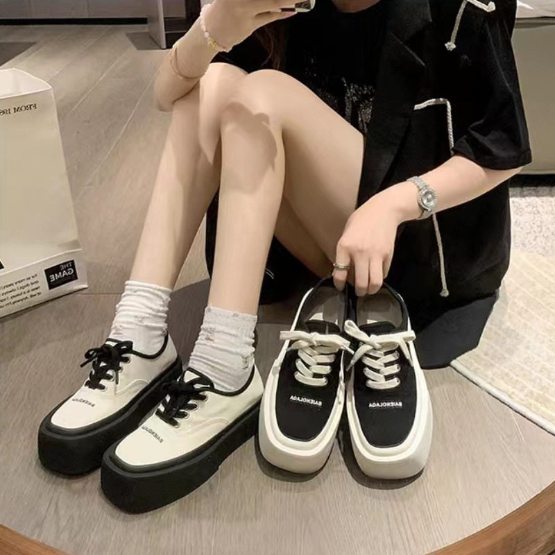 爆款网红小众方头板鞋女夏季新款松糕白搭增高帆布小白鞋
